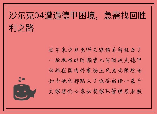 沙尔克04遭遇德甲困境，急需找回胜利之路